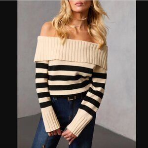 Pinkblush Le Lis Striped Black and Cream Off the Shoulder Sweater S